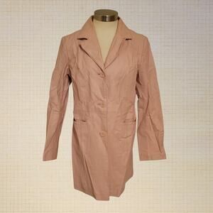 90s Brandon Thomas Pink Leather Button-Down Trench Coat Medium Collar Pockets